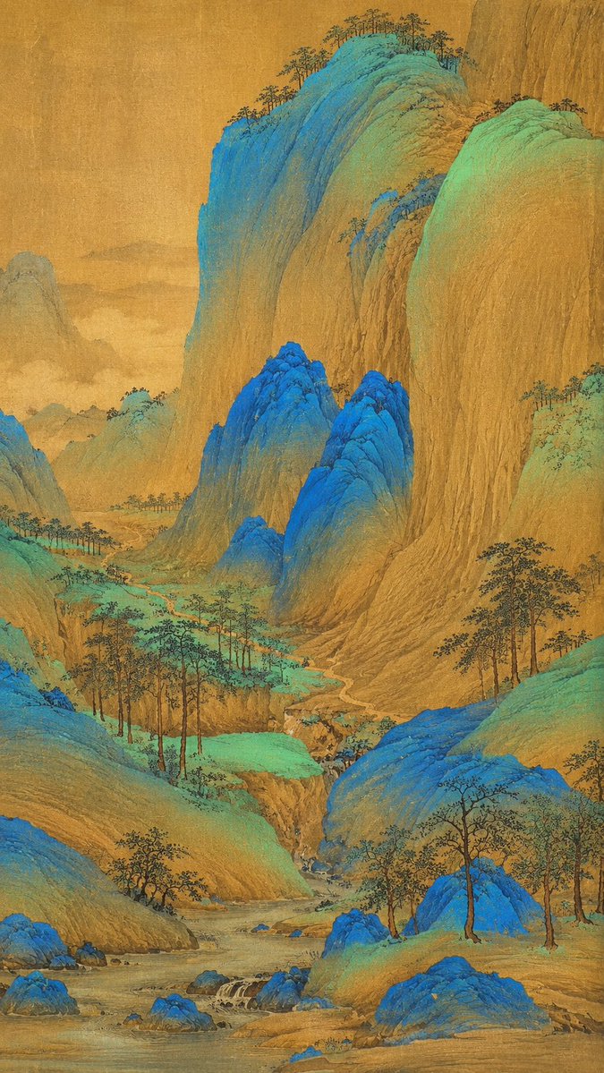 Traditional Chinese Blue-Green Landscape in Vertical Composition