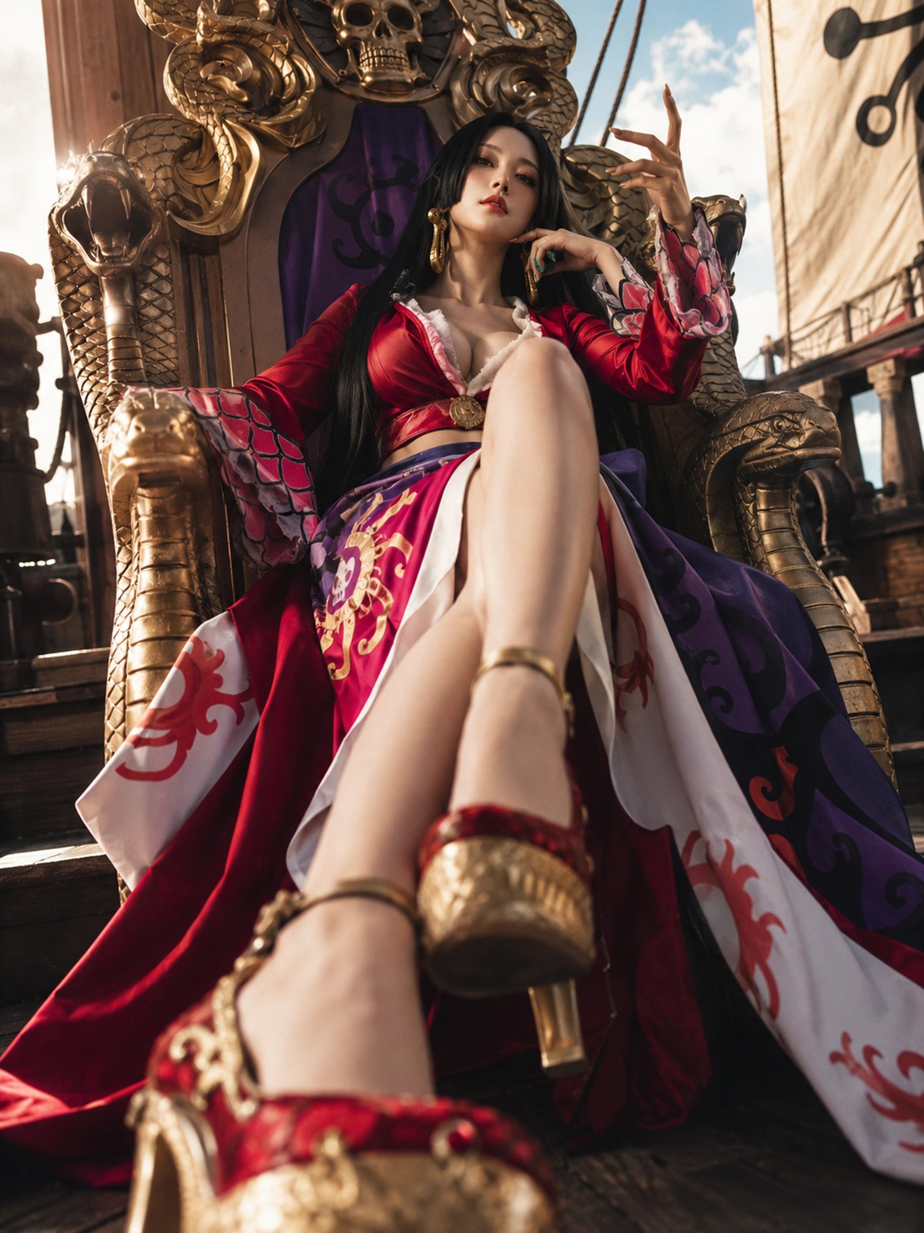 Cinematic Realistic Human Fashion Portrait Poster: Adult Boa Hancock on Serpent Throne (Low-Angle) 1