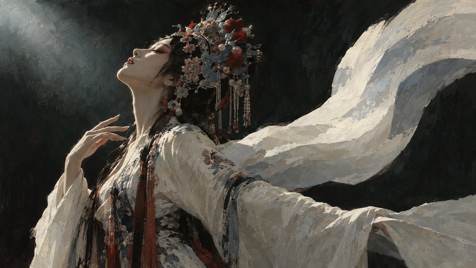 Oriental Opera Figure Painting with Water Sleeves: One Sleeve Raises a Stage of Moonlit Romance