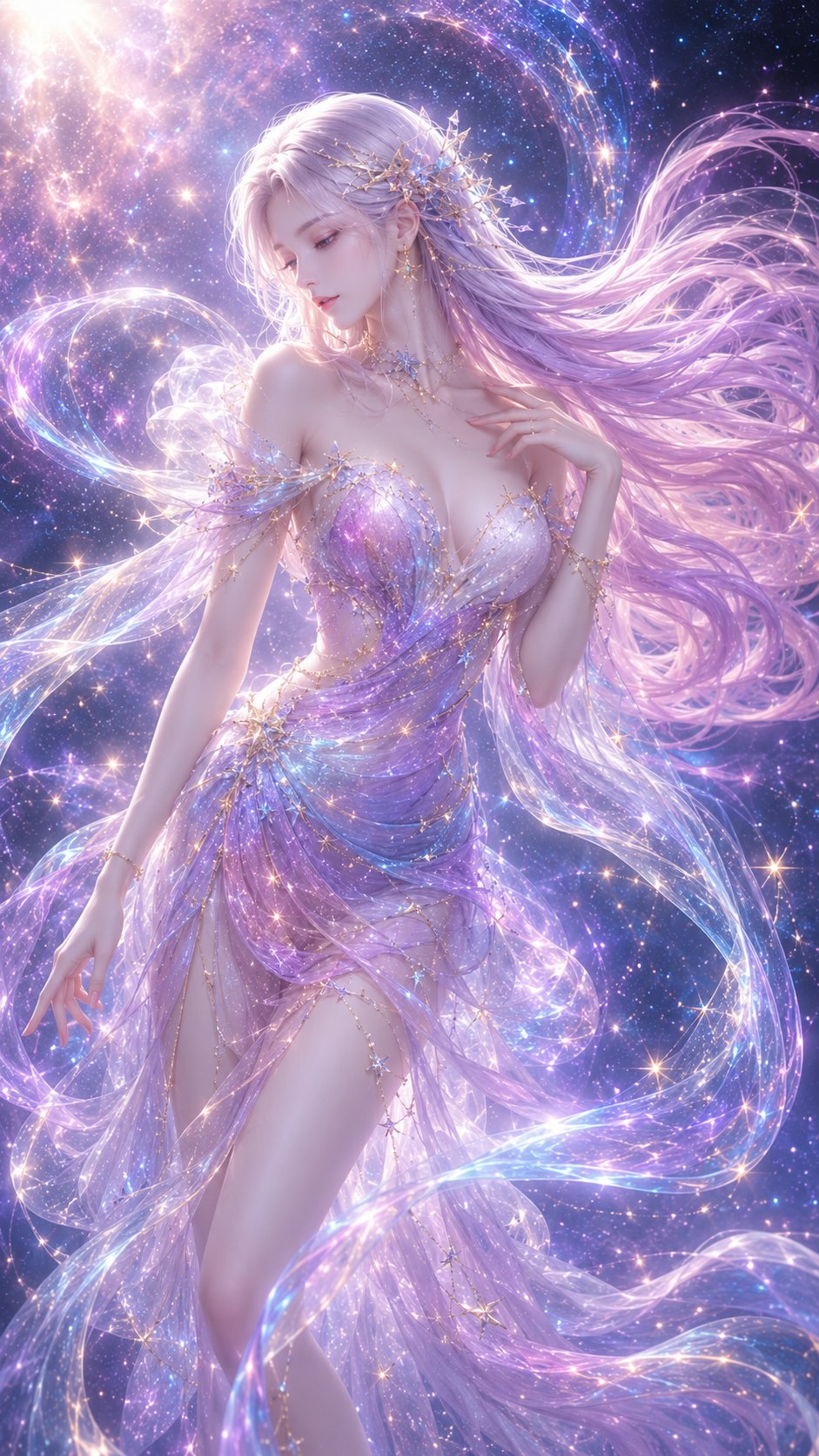 星河仙女风梦幻礼裙：复古水彩氛围的3D CG竖版旅行海报感插画