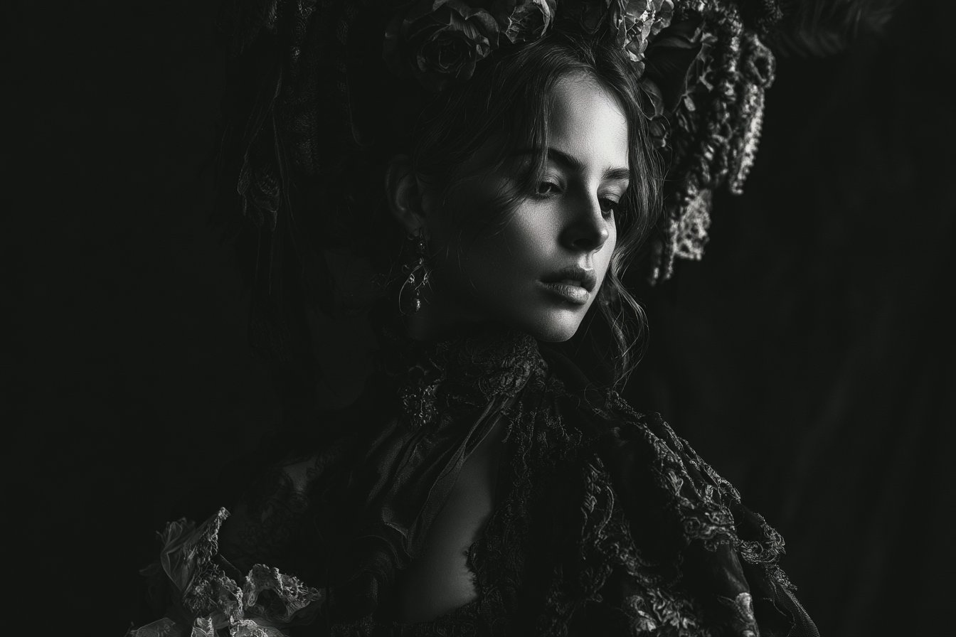 Gothic Romance: High-Contrast Black & White with Dramatic Lighting and Ornate Details