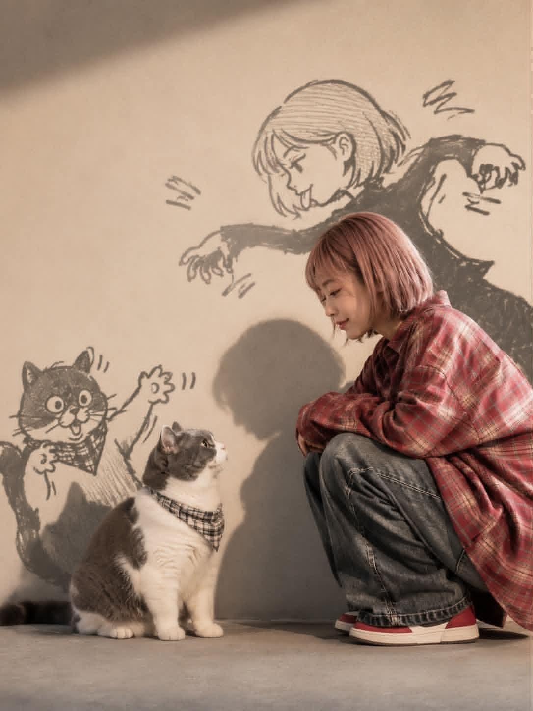 GPT Image 2 Wholesome Anime Lifestyle Portrait with Cat Shadow Doodles
