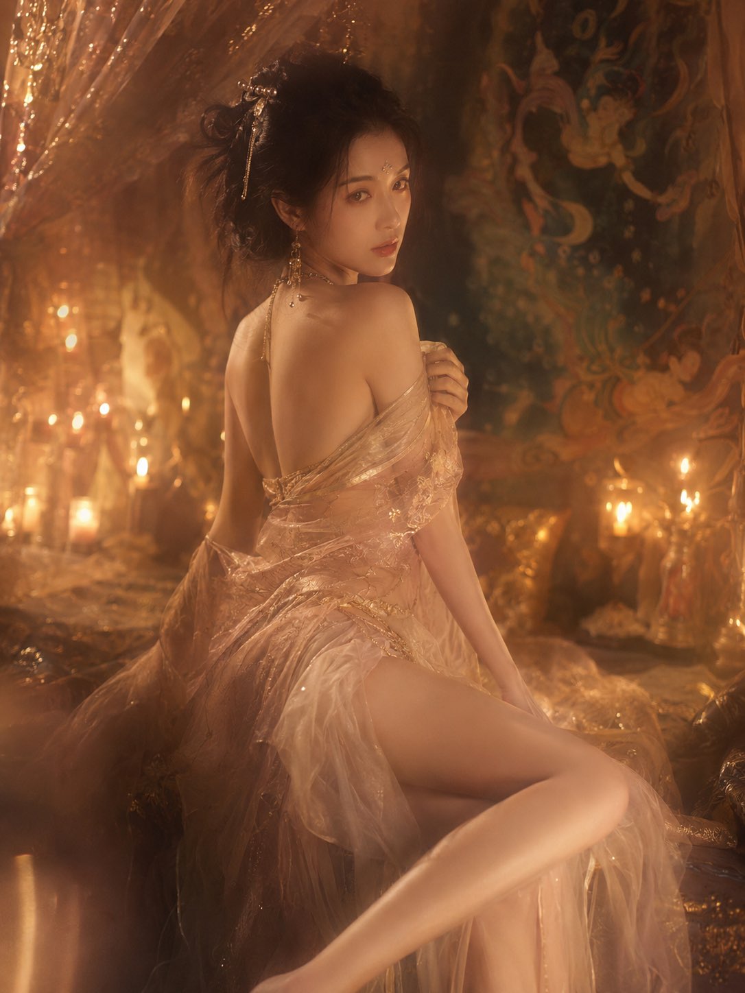 Prompt for a Classical Fantasy Goddess by the Bed in Sheer Fabric