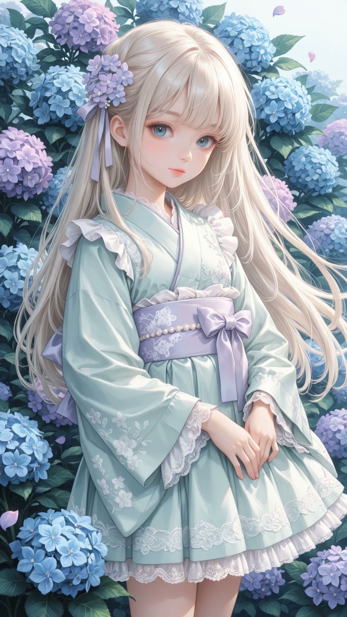 紫陽花柄少女感浴衣衣装提示词