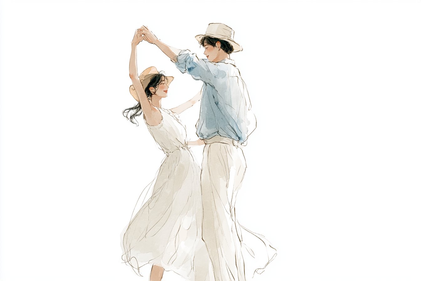 韩系淡彩浪漫水彩线稿插画提示词