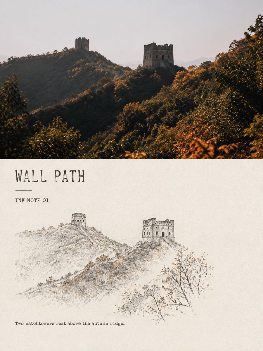 极简墨线风景小笺：旅行照片对比海报