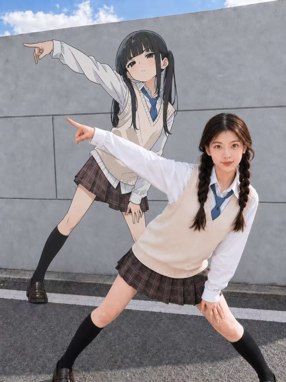 Recreating an Anime Mural Pose in a School-Uniform Street Portrait