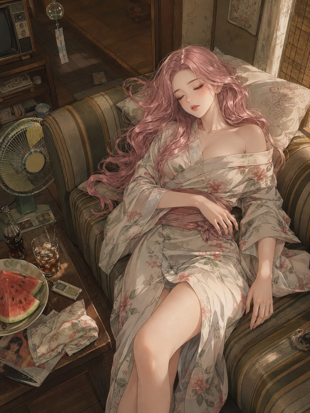 昭和夏日和室午睡二次元插画