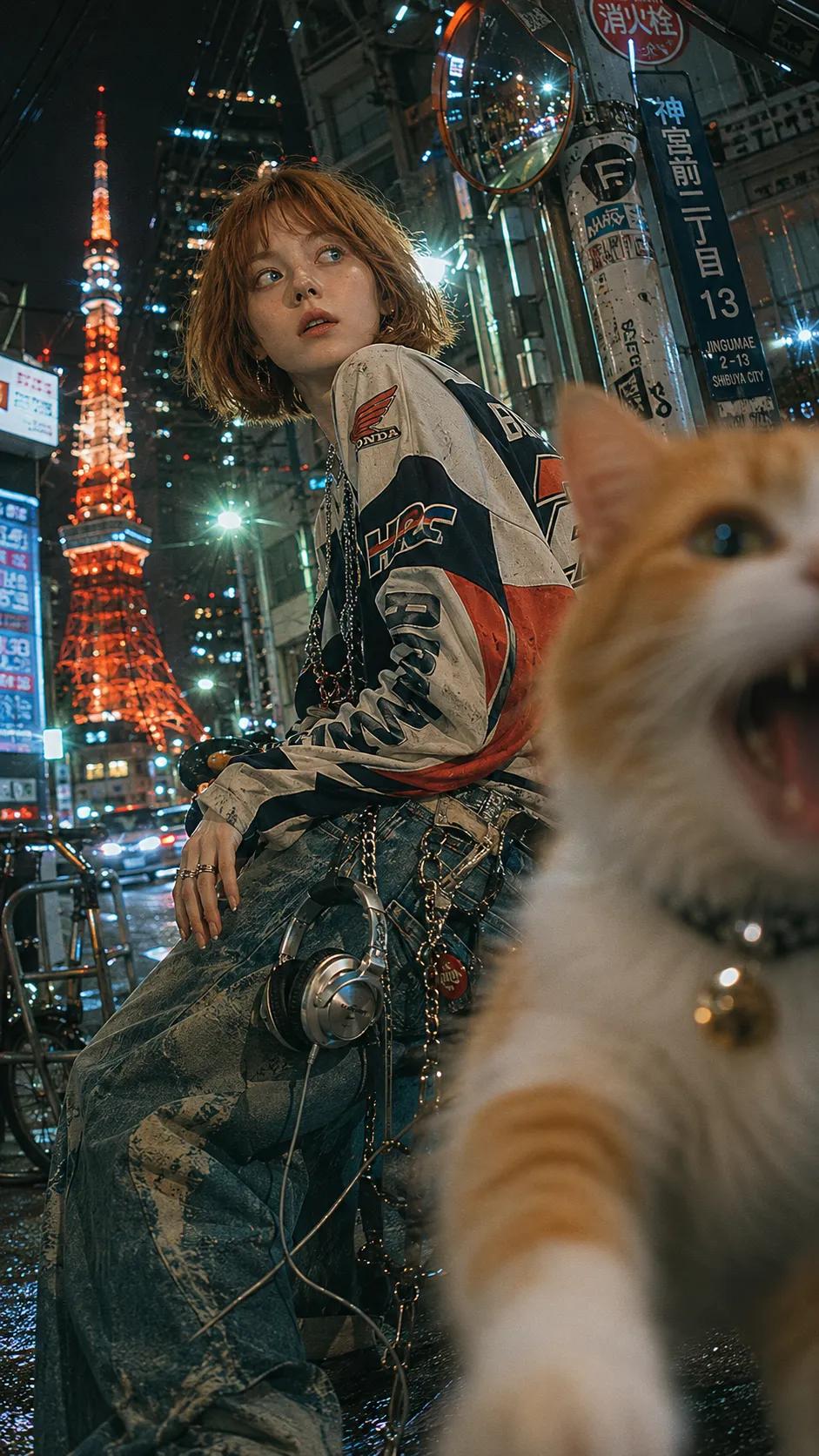 Fashion Editorial Image Edit Prompt with a Cat Photobomb in a Tokyo Alley at Night