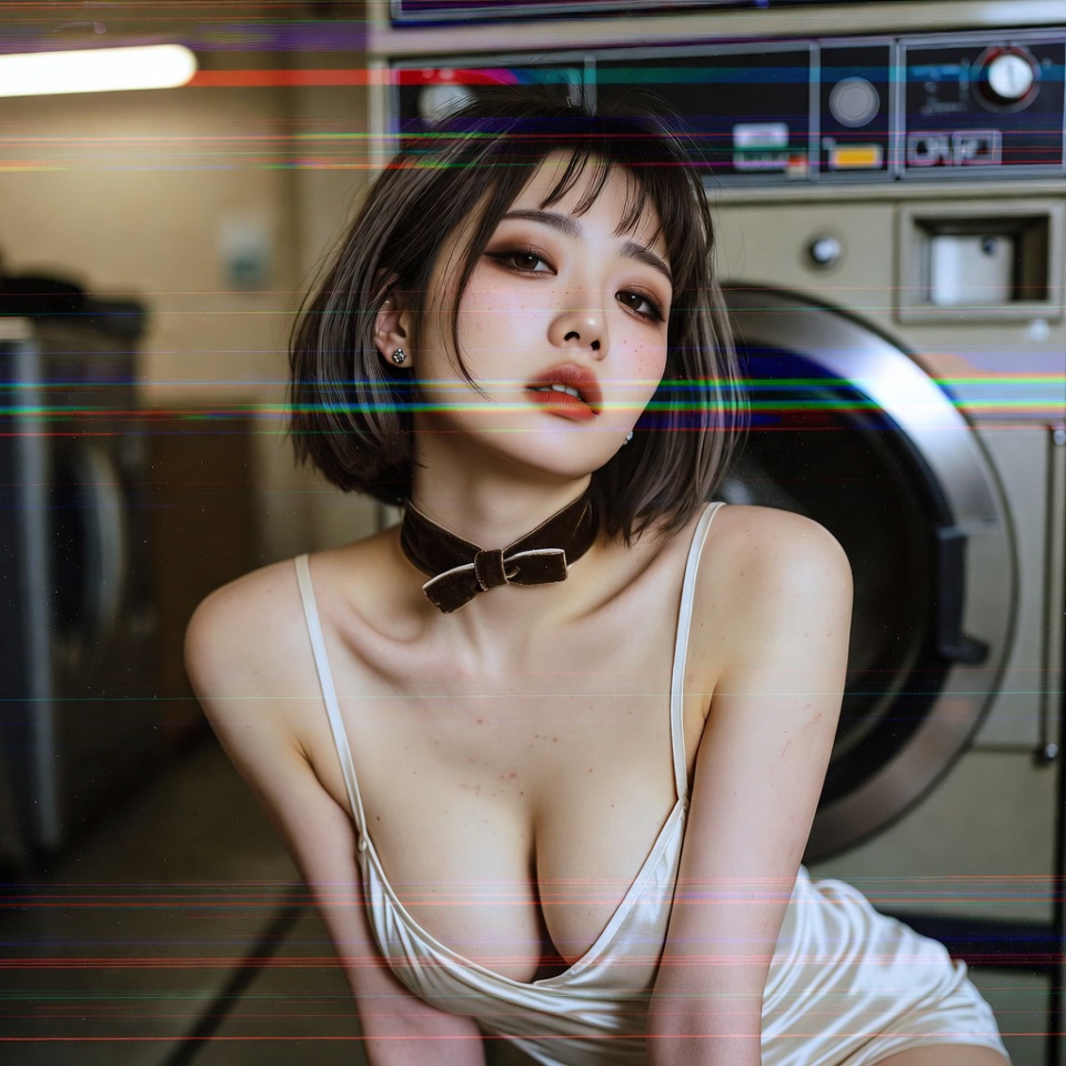 Retro VHS Glitch Portrait Prompt in a Laundromat (50mm) 1
