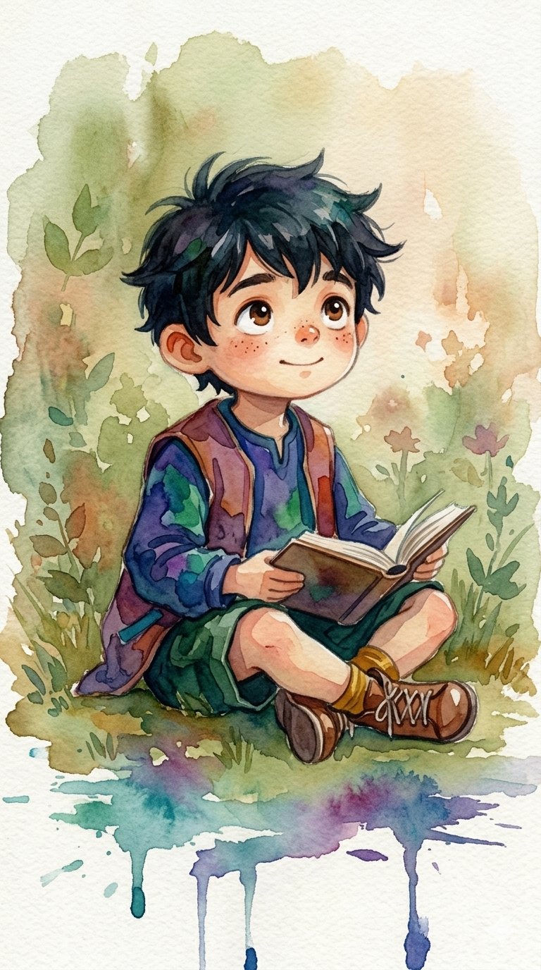 Watercolor Storybook Illustration: Children Reading in a Woodland Setting