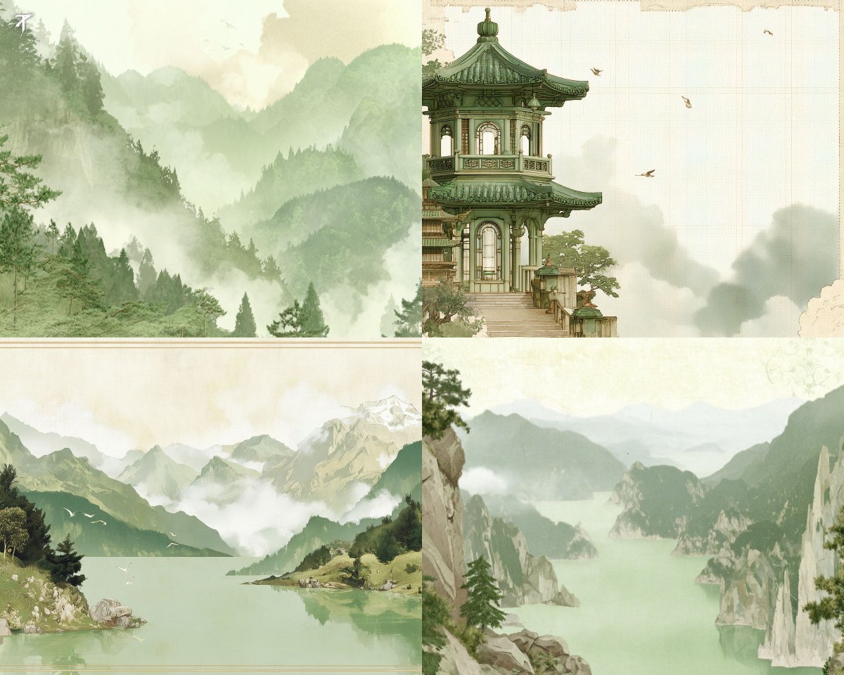 一种柔和的水墨风格,朦胧的群山、平静的湖泊与细腻的线描,仿佛 1