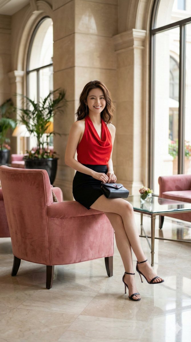 生成一张逼真的中等全身镜头照片,画面为一位年轻女性坐在粉色天 1