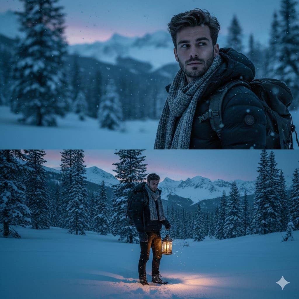 电影感的冬季人像,一个英俊的男人在蓝调时刻站在被雪覆盖的松林 1