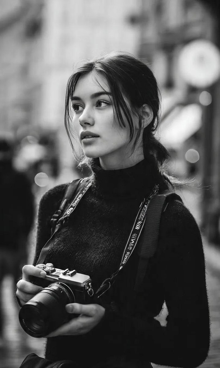 一张电影感的黑白街头人像,描绘一位年轻女摄影师站在城市街道上 1