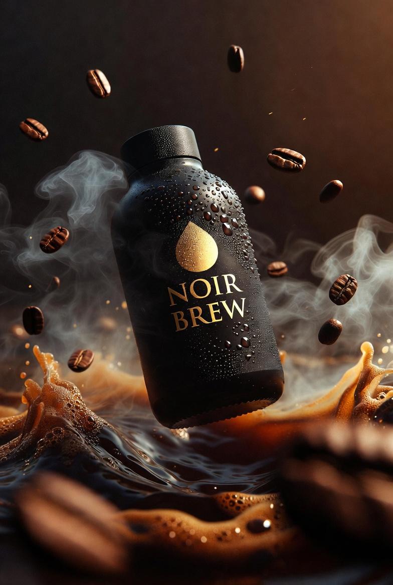 超电影感的高端咖啡瓶,瓶身标有“NOIR BREW”,哑光黑 1