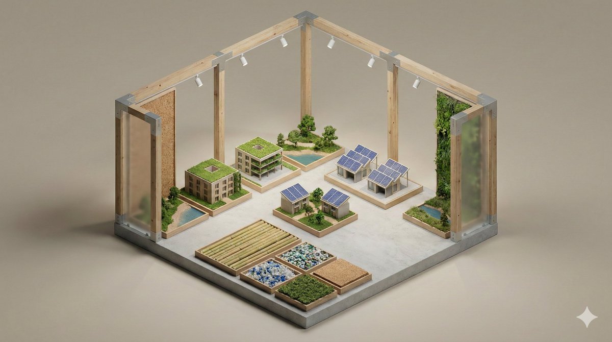 一个干净、极简的三维等角场景模型,呈现一个 [EXHIBIT 1