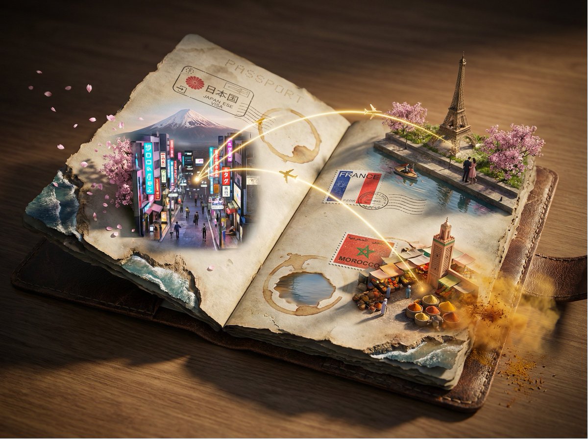 史诗级三维场景:一本风化的护照摊开着,其上的签证戳记迸发成它 1