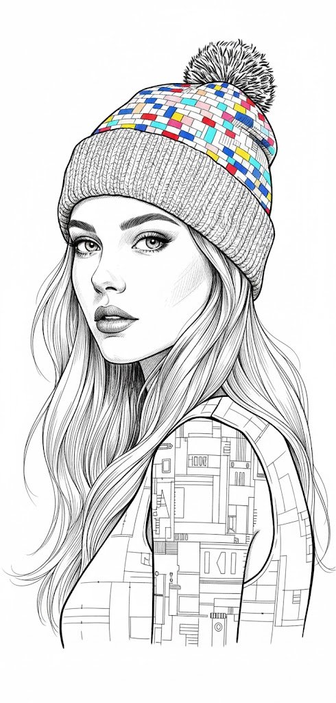超细节黑白墨线插图,描绘一位年轻女性的3/4侧面,微微向左凝 1
