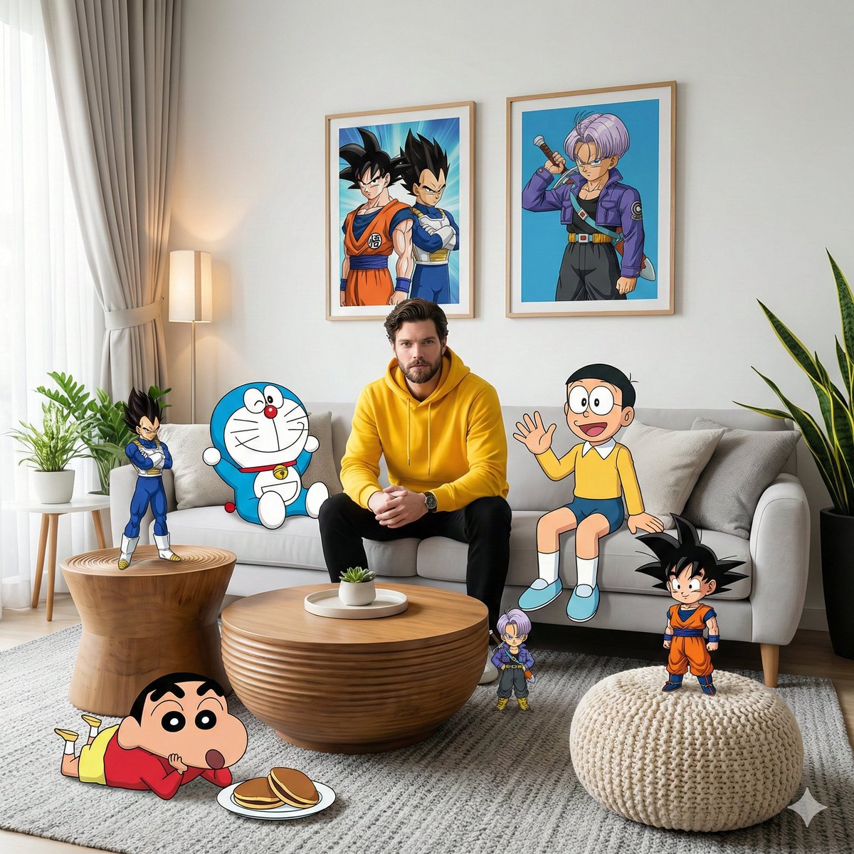 一张高保真、广角的室内镜头捕捉到现代客厅内的超现实混合媒介构 1