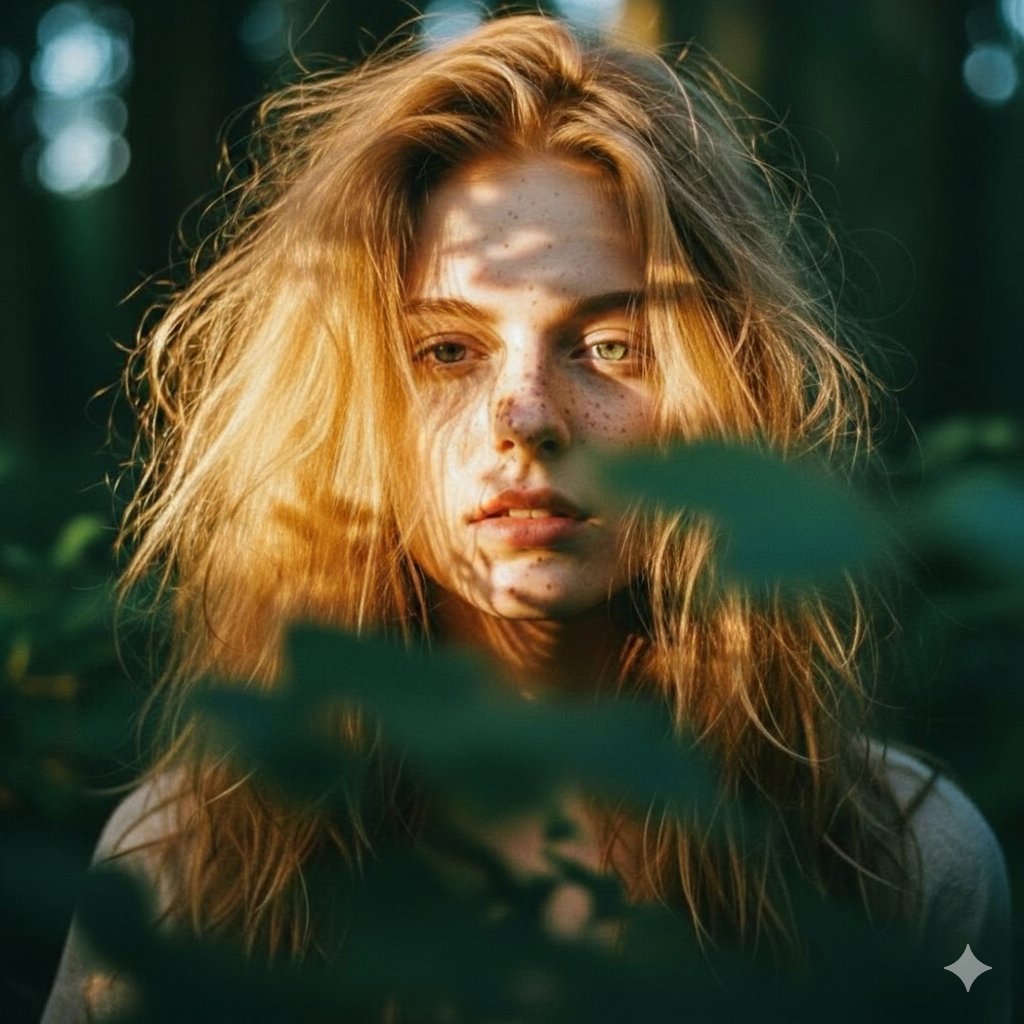 一位年轻女性的特写肖像,凌乱而蓬松的草莓金色头发,鼻子和面颊 1