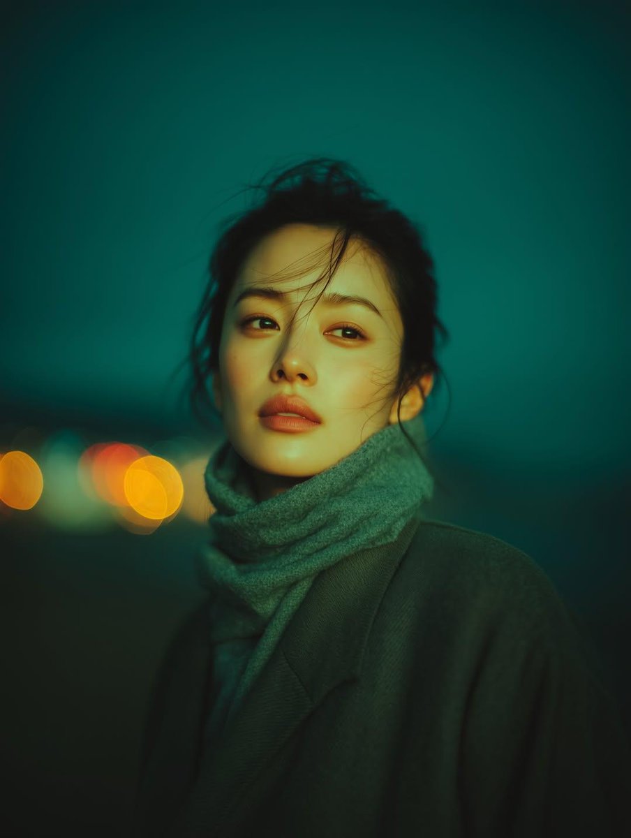 一幅电影感的夜间肖像,描绘一位站在户外的年轻女性,柔和地被城 1