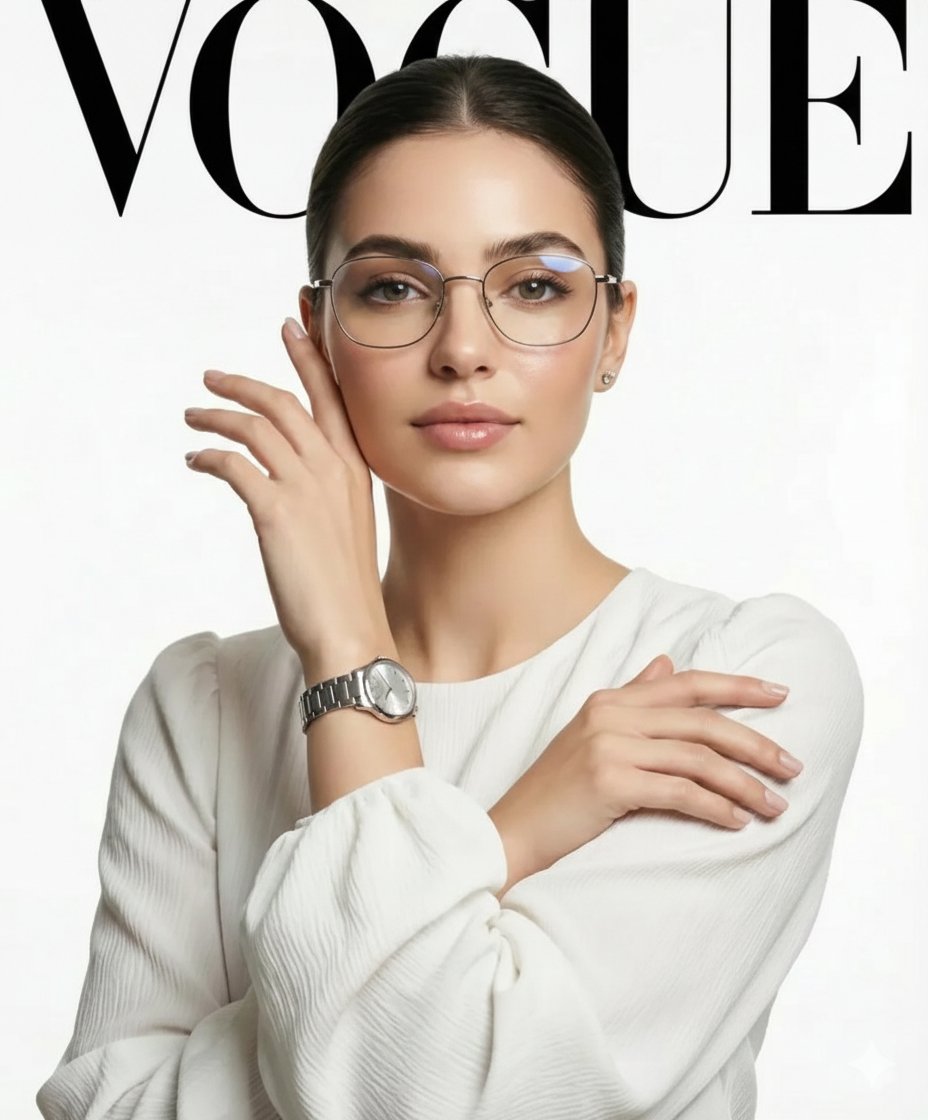 一张高清专业的时尚画报照片:一位气质优雅的女性,梳着光滑的中 1