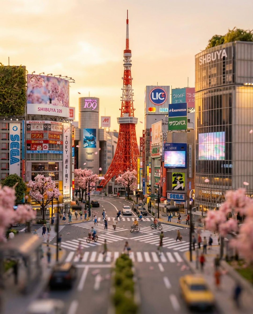纵横比的倾斜移焦3D模型立体景观,突出夕阳下的东京塔和涩谷十 1