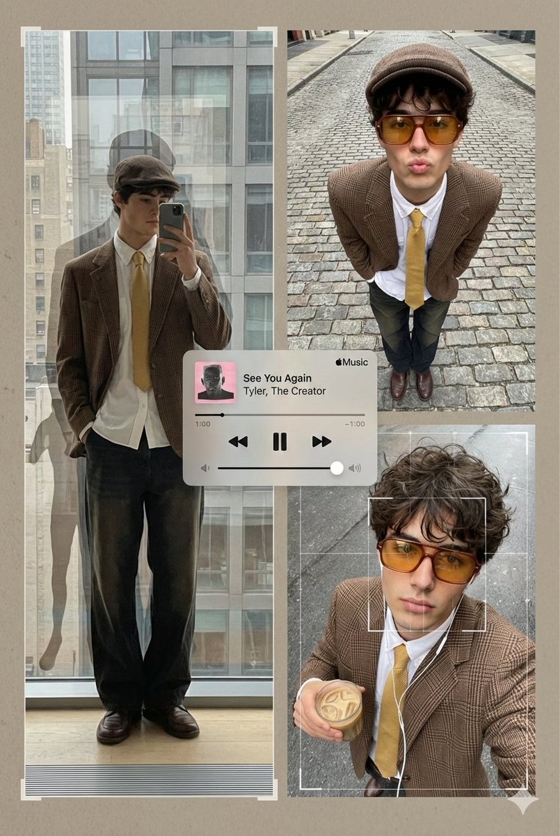 一张编辑海报风格的多画格拼贴在三个不对称的摄影画格中呈现主体 1