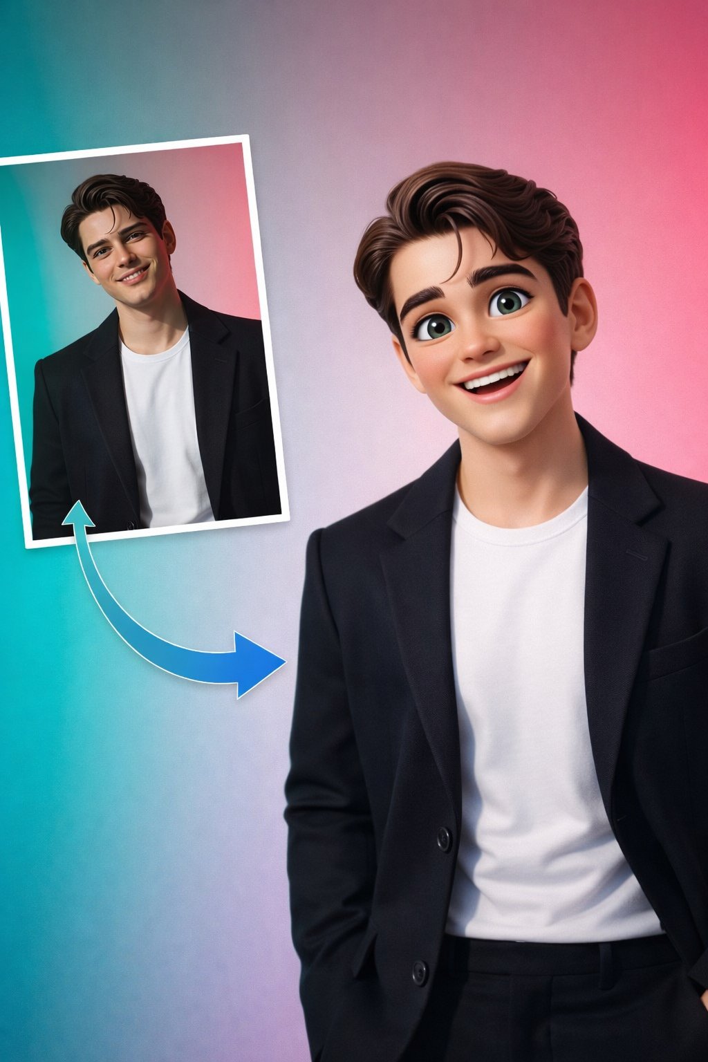 A stylized 3D cartoon portrait of a young man with short brown hair and expressive gree... 1