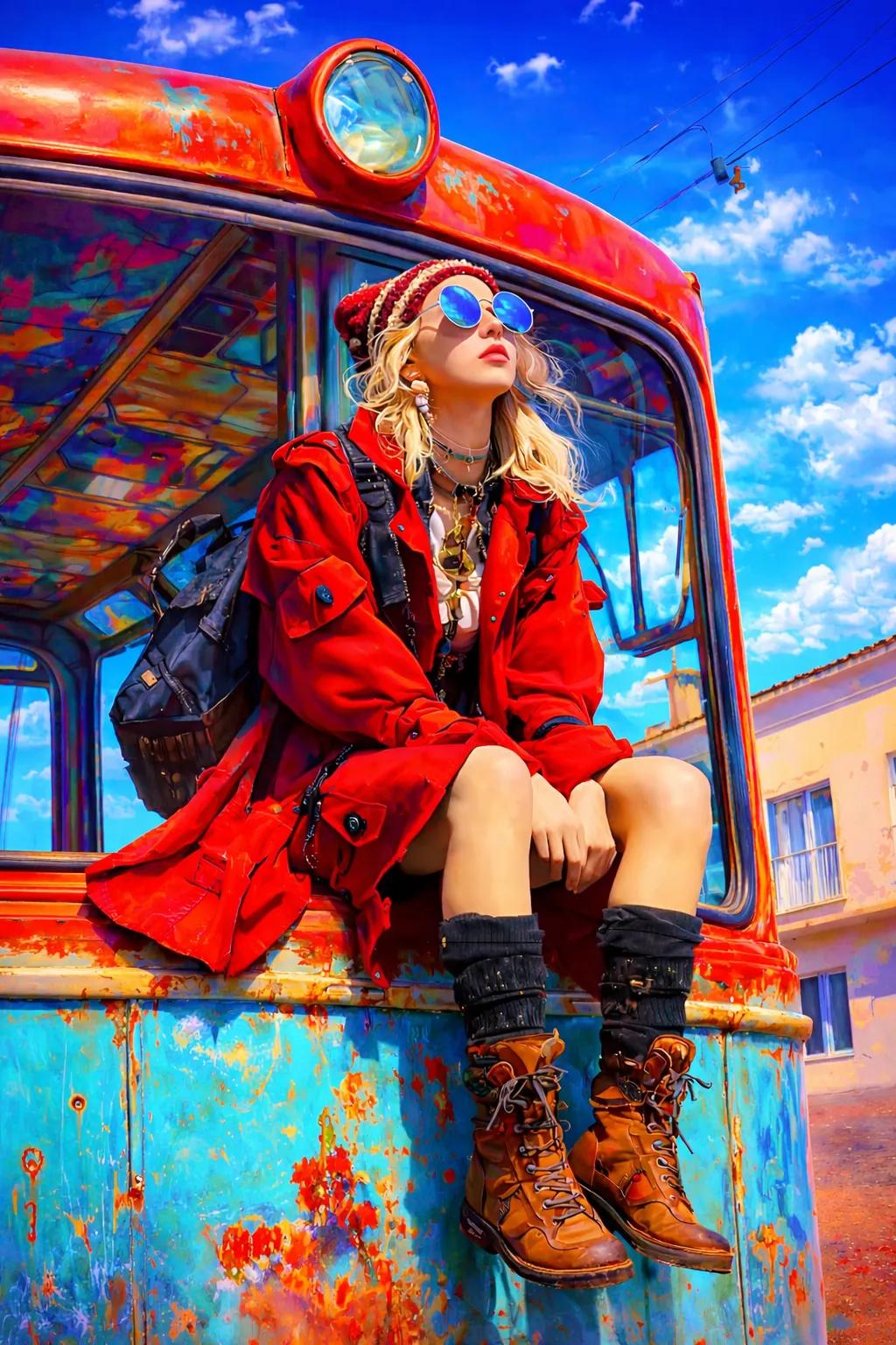 A stylish young woman sitting on the front edge of an old vintage bus, wearing a long r... 1