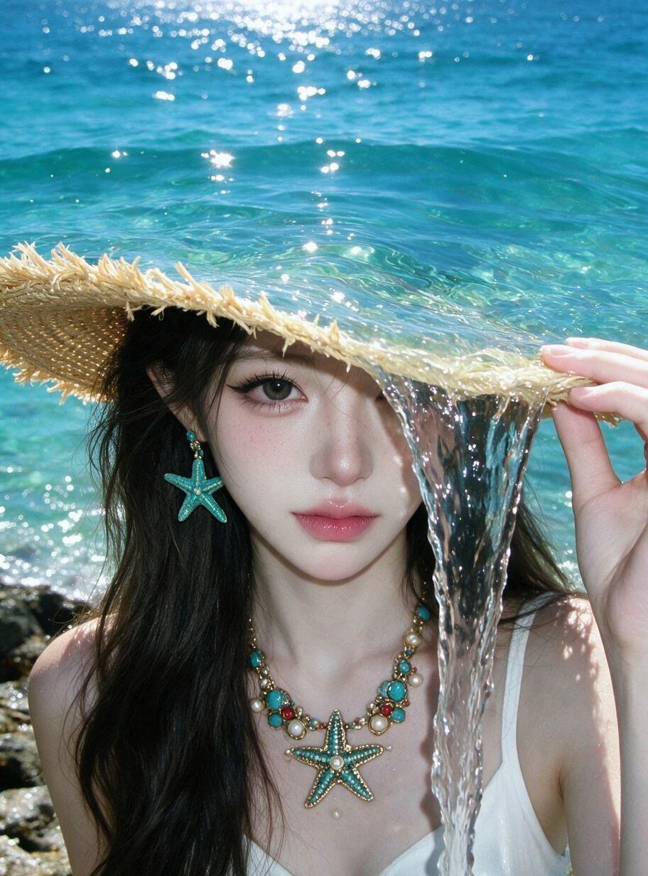 夏日海洋主题真人时尚人像摄影提示词