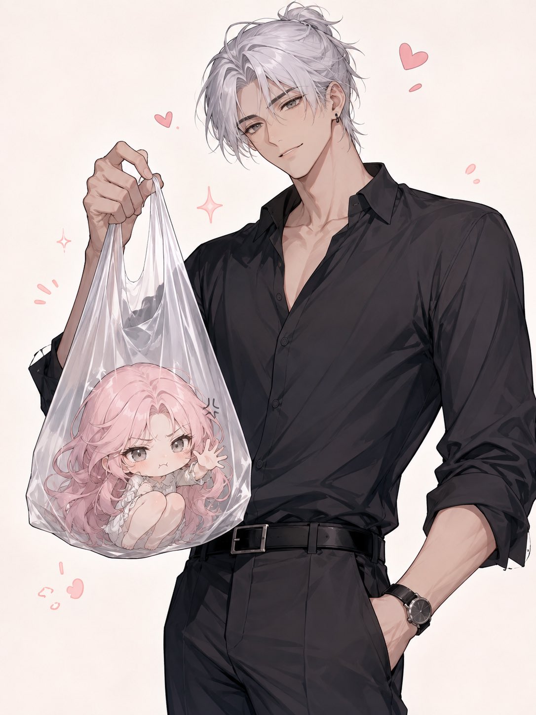 Anime Illustration Prompt for a Tiny Chibi Character Inside a Transparent Plastic Bag